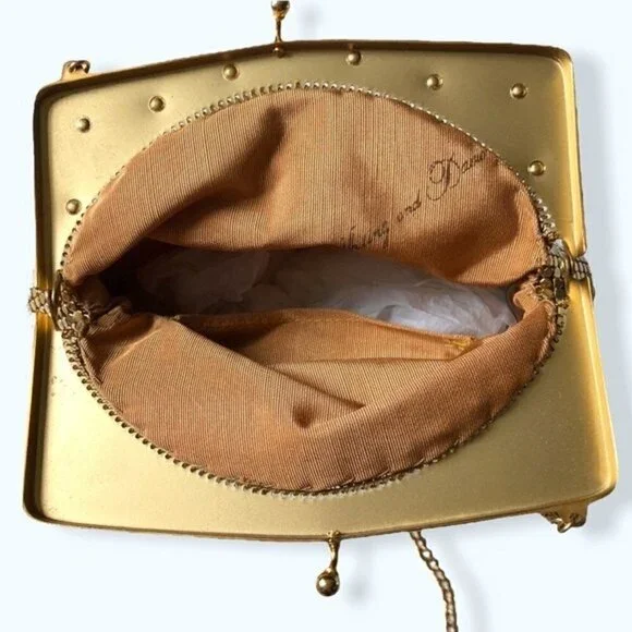 Whiting & Davis Bag 70s Gold Mesh Kiss Snap Evening Bag Crossbody Strap Purse - Picture 5 of 13